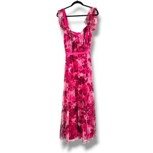 Lovely Grace Pink Floral Mesh Maxi Dress Ruffle Sleeve Tie Waist Plus Size‎ 3X